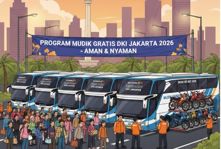 Pemudik mengikuti program Mudik Gratis DKI Jakarta 2026 dengan bus dan pengangkutan sepeda motor.