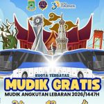 Ilustrasi program Mudik Gratis Kemenhub 2026 dengan bus angkutan lebaran dan ikon berbagai kota tujuan di Indonesia