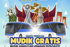 Ilustrasi program Mudik Gratis Kemenhub 2026 dengan bus angkutan lebaran dan ikon berbagai kota tujuan di Indonesia