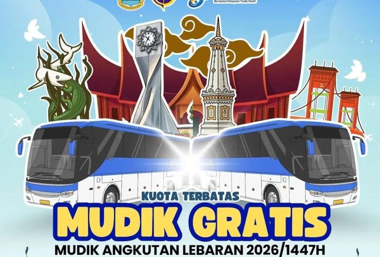 Ilustrasi program Mudik Gratis Kemenhub 2026 dengan bus angkutan lebaran dan ikon berbagai kota tujuan di Indonesia