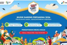 Ilustrasi program Mudik Gratis Bareng Pertamina 2026 dengan jadwal keberangkatan 15 Maret dari TMII Jakarta serta informasi pendaftaran resmi