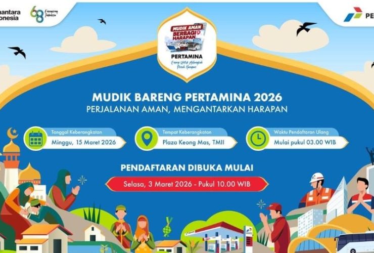 Ilustrasi program Mudik Gratis Bareng Pertamina 2026 dengan jadwal keberangkatan 15 Maret dari TMII Jakarta serta informasi pendaftaran resmi